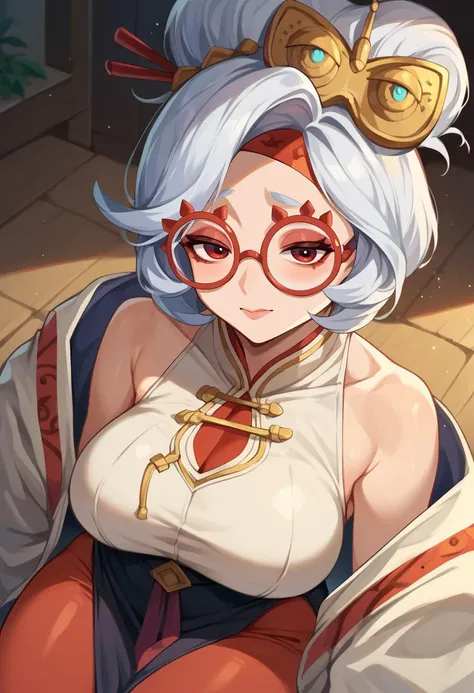score_9, score_8_up, score_7_up, score_6_up, score_5_up, score_4_up, BREAK mature female, <lora:purah-pdxl-nvwls-v1:.95> purah, hair ornament, red headband, red glasses, sleeveless shirt, white coat, black skirt, red leggings, gloves, rating_questionable, bad ,