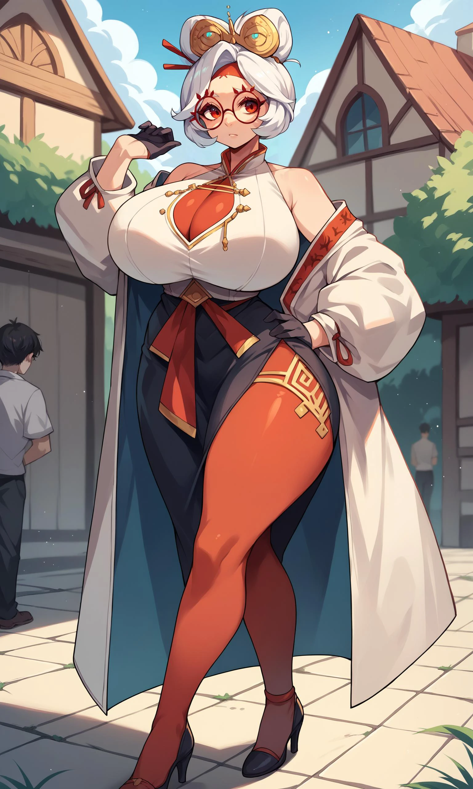 score_9, score_8_up, score_7_up, score_6_up, score_5_up, score_4_up, (source_anime), <lora:purah-pdxl-nvwls-v1:1.0> purah,
1girl, huge breasts, narrow waist, thick thighs, solo focus, outdoors, hair ornament, red headband, red glasses, sleeveless shirt, white coat, black skirt, red leggings, gloves, high heels,
