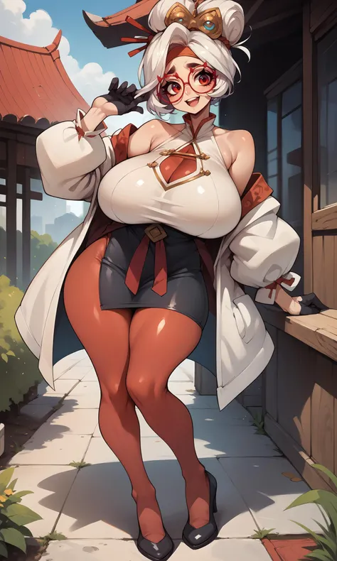 bangs big breasts bubble butt bunny ears bunny bunny tail curvy white hair red eyes dynamic pose explanation full body high heels hourglass figure huge breasts maebari nipples reverse bunny suit short hair standing thick thighs wide hips