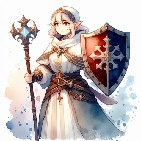 SoftWaterColor, 1woman, a cleric holding a shield