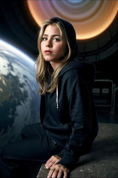 photo of beautiful J3nn1f3rAn1st0n_HM-125, a woman, perfect hair, surprised, (modern photo), wearing hoodie and sweatpants, portrait, 85mm, (analog, cinematic, film grain:1.3), (Gas Giant Sky Platform, Floating platform in a gas giant with atmospheric views.), detailed eyes, professional pose, painted lips, (epiCPhoto), (looking at viewer:1.1), (cinematic shot:1.3), (natural lighting, lit from above), <lora:add_detail:0.5>