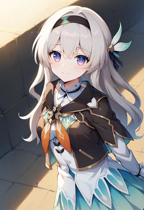 score_9, score_8_up, score_7_up,
BREAK
source_anime,
BREAK
(1girl, solo, solo focus),
fireflydef, jacket, dress , headband, hair ornament, silver hair, 
dutch angle ,
smile,
looking at viewer 
<lora:Firefly-v2.5.3-PDXL:1>