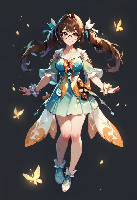 score_9, score_8_up, score_8, medium breasts, cute, eyelashes, hairstyle with two ponytails, full length, Firefly
solo, smiling, looking at viewer, fair skin, brown eyes, chocolate hair, glasses
<lora:Minimalistic_Style_Pony:0.3>, <lora:more_details:0.5>
black background, <lora:CitronAnimeTreasure:0.6>, <lora:Firefly-v2.5.3-PDXL:1>