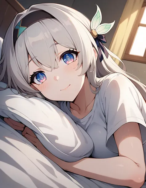 score_9, score_8_up, score_7_up, indoors, bedroom, bed, 
BREAK
source_anime, (osiimi, aztodio:0.5), (niliu chahui:0.35), (asura \(asurauser\):0.2), 
BREAK
(1girl, solo, solo focus), fireflycus, grey hair, long hair, hair ornament, hairband, 
blush, shy, on side, lying, shirt, oversized clothes, oversized shirt,  light smile, closed mouth, 
from below, 
looking at viewer, 
 <lora:Firefly-v2.5.3-PDXL:1>