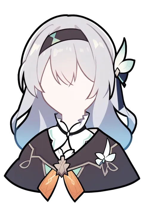 score_9, score_8_up, score_7_up, <lora:PonyMinimalStyle:1> Minimalstyle, 1girl, simple, faceless female, beautiful, extremely detailed, vector, headshot, fireflydef, jacket, dress, bow, hairband, hair ornament, grey hair, <lora:Firefly-v2.5.3-PDXL:1>, simple background, white background