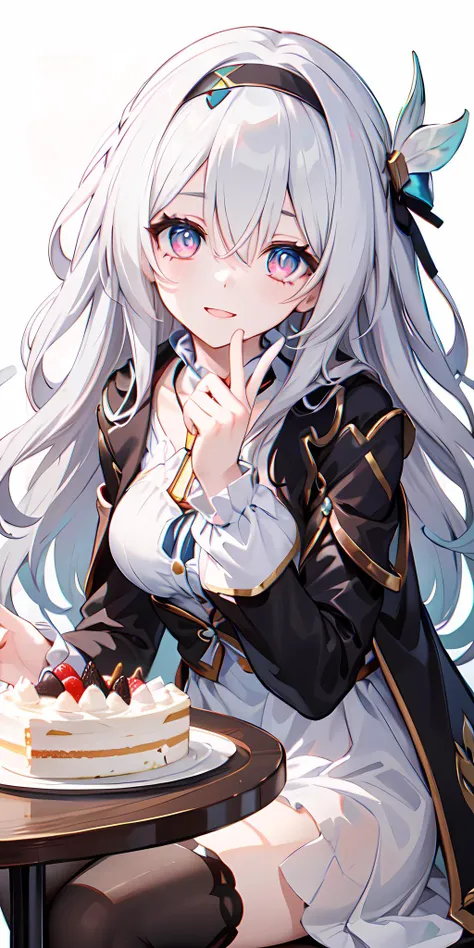 masterpiece, best quality,((ultra detailed)),(1girl),solo,beautiful illustration,beautiful detailed eyes, (wallpaper),intrinsic lighting,\fireflydef, jacket, dress\,bow,hairband,hair ornament,\simple background,face focus,wink with star,waving, sitting at a\ dinner table\,eating cake, on a date\,happy smile, tilted head, in love with viewer,\ floating hair, cute face, kawaii <lora:Firefly-1024-v2.5:0.8>