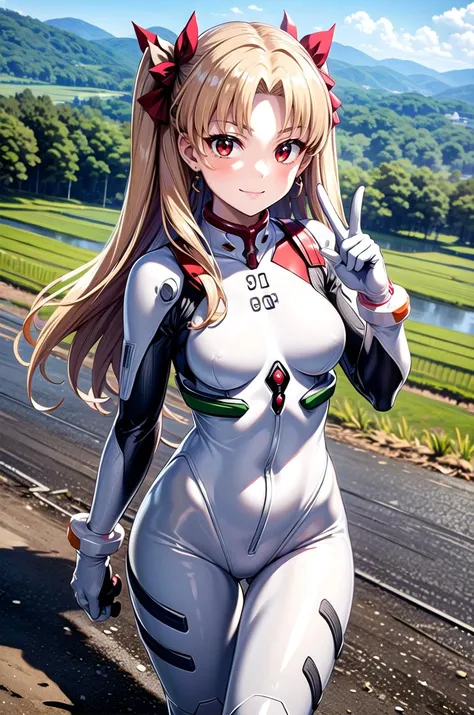 (masterpiece, best quality, detailed), 1girl, solo, looking at viewer, Ereshkigal, two side up, hair ribbon,
<lora:edgPlugsuitCosplay:0.9>, edgPlugsuit, skin tight, wearing edgPlugsuit bodysuit, rice paddy, rural, mud, power lines, scenery, hill, mountainous horizon, hill, peace sign, smile, closed mouth