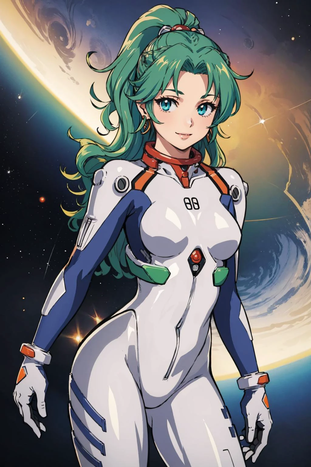 masterpiece, best quality, <lora:edgPlugsuitCosplay:1> edgplugsuit, wearing edgPlugsuit bodysuit, skin tight <lora:tina-nvwls-v1-final:0.8> tina branford, green hair, earrings, smile, outer space, looking at viewer, cowboy shot