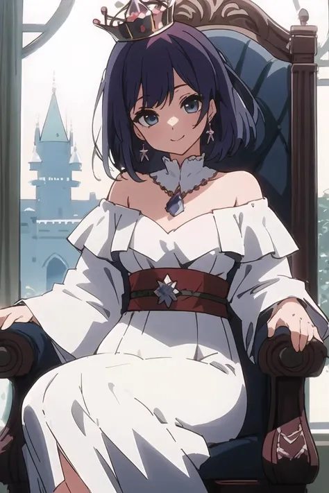 <lora:kurokawa_akane_v1-000004:0.8>, masterpiece, best quality, kurokawa_akane, looking at viewer, solo, bare shoulders, crown, dress, off-shoulder dress, off shoulder,jewelry, looking at viewer, smile, queen, sitting, throne, castle, palace, chandelier