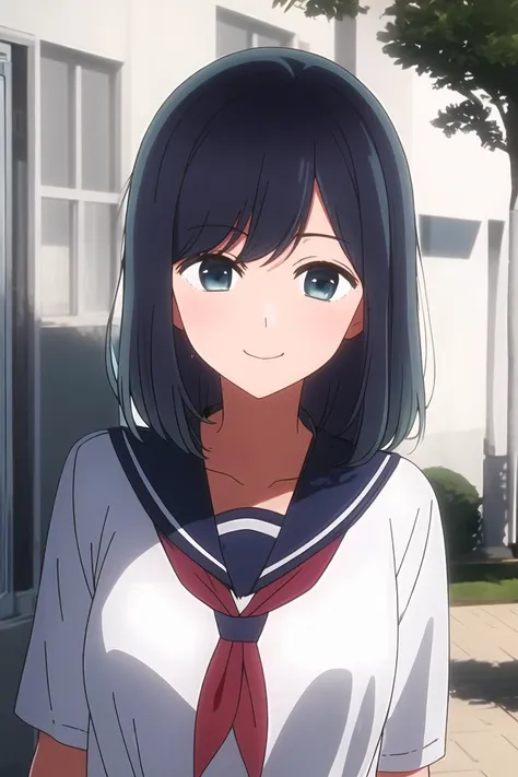 <lora:kurokawa_akane_v1-000004:0.8>, masterpiece, best quality, kurokawa_akane, closed_mouth, collarbone, school_uniform, looking_at_viewer, neckerchief, outdoors, sailor_collar, school_uniform, serafuku, smile, solo, upper_body