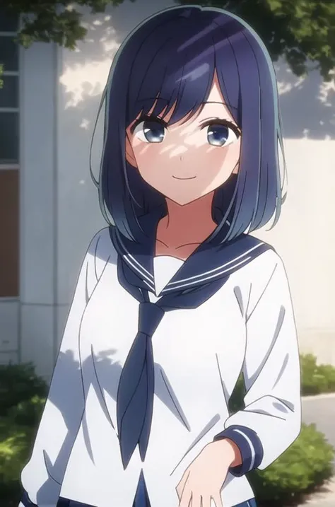 <lora:kurokawa_akane_v6-000002:0.7>,  masterpiece, best quality, kurokawa_akane, closed_mouth, collarbone, school_uniform, looking_at_viewer, neckerchief, outdoors, sailor_collar, school_uniform, serafuku, smile, solo, upper_body