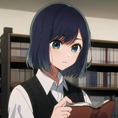 <lora:kurokawa_akane_v6-000002:0.8>, masterpiece, best quality, kurokawa_akane, solo, holding, holding book, reading book,shirt, long_sleeves, white_shirt, collared_shirt, upper_body, depth_of_field, blurry_background, portrait, black_vest, bookshelf, shelf, library