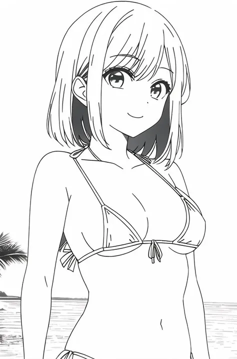 <lora:kurokawa_akane_v6-000002:0.8>, masterpiece, best quality, kurokawa_akane, looking at viewer, solo, upper body, (bikini), beach, outdoor, smile, close_mouth, lean forwarding, lineart, monochrome, <lora:animeoutlineV4_16:1>