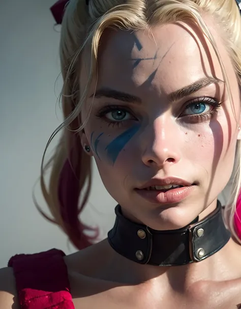 RAW, contrast, Dappled Light, (intricate:1.3), photo portrait of 37 years old (Margot robbie:1.1) as Harley Quinn, ( skin texture:1.3), (film grain), scene from suicide squad movie, trending on DeviantArt, (detailed eyes), (skin pores), (look at viewer), (high quality face), (high detailed face skin), (realistic iris), (realistic pupils), (realistic lighting:1.1),