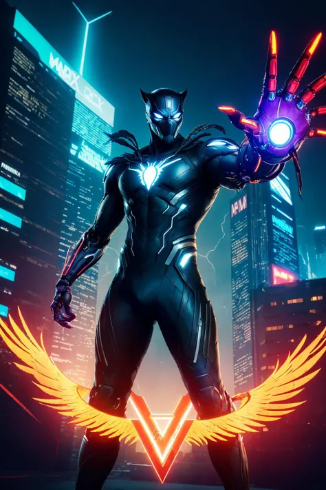 (cyberpunk style), photo portrait of the ( phoenix  from xmen  wearing cyberpunk costume) with  a (robot arm),  Black Panther (Marvel Comics): Black Panther's sleek black suit is made of a vibranium-infused material and features intricate silver detailing. The suit includes a full-body jumpsuit, clawed gloves, and a mask with cat-like ears.   ai artwork by Quiron,  neon light,  cybernetic enhancements,