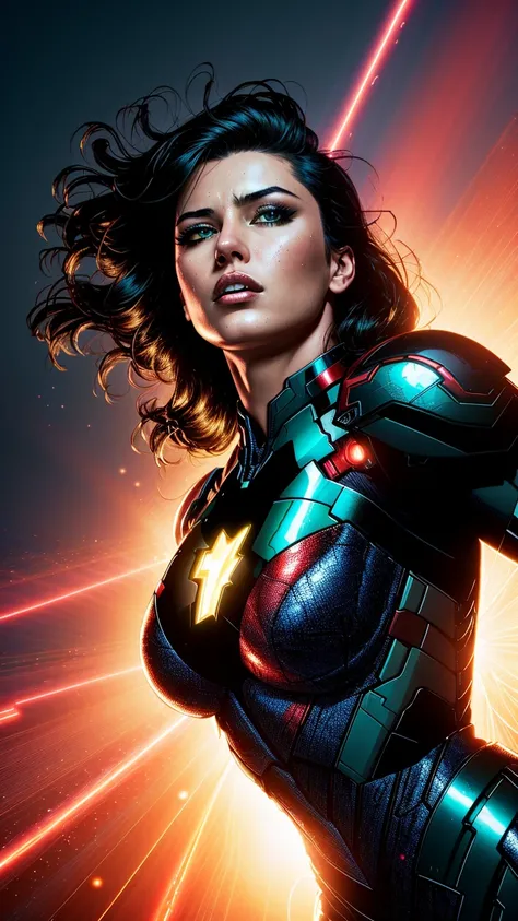 (masterpiece), (best quality), (hyper realistic:1.4),(photorealistic:1.3),(intricate details:1.35), 
female wearing iron-man suit flying in the sunset sky,  large breasts, with long black hair in a fashion photoshoot photographed from a low camera angle wearing a dress made from black feathers and lace, dramatic portrait, dangerous, red traced neon background with blue laser light rays, high contrast and dynamic pose, movement, wet, energy, dramatic lighting, colorized, intense and vibrant colors of electrified neon red, blue
 <lora:jimLeeDCComicsMarvel_offset:0.8> jim lee,  professional photoshoot,  action shot,