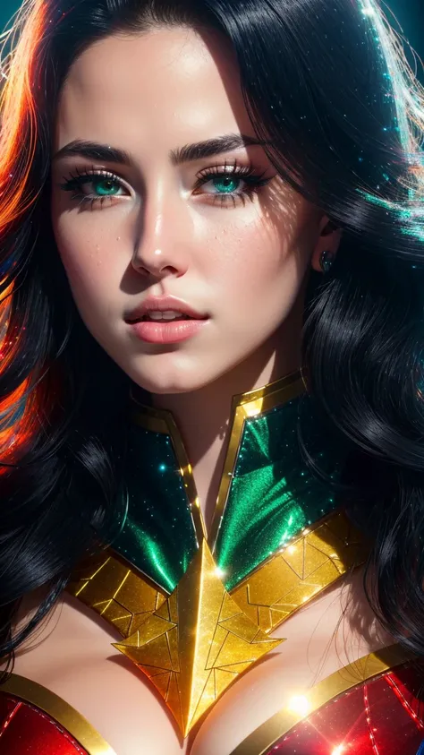 (best quality:1.33), (masterpiece:1.42), (realistic:1.24), (detailed:1.15),
female wearing the Mera from aquaman suit flying in the sunset sky, large breasts, with long black hair in a fashion photoshoot photographed from a low camera angle, dramatic portrait, dangerous, red traced neon background with blue laser light rays, high contrast and dynamic pose, movement, wet, energy, dramatic lighting, colorized, intense and vibrant colors of electrified neon red, blue, fantasy, magic,
professional photoshoot, action shot, cowboy shot, kaleidoscope <lora:kaleidoscope_background_v1.1.2:0.8>