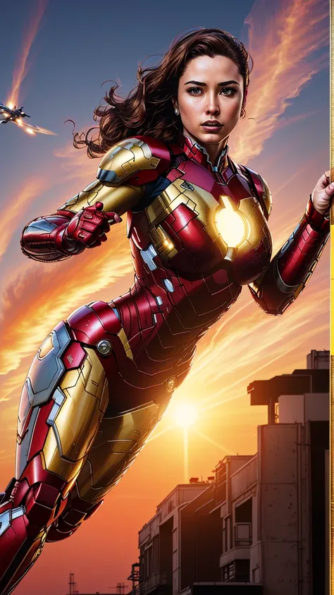 (masterpiece), (best quality), (hyper realistic:1.4),(photorealistic:1.3),(intricate details:1.35),
female wearing iron-man suit flying in the sunset sky, large breasts, <lora:jimLeeDCComicsMarvel_offset:0.8> jim lee, professional photoshoot, action shot,
