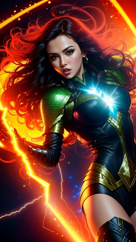 (best quality:1.33), (masterpiece:1.42), (realistic:1.24), (detailed:1.15),
female wearing the Mera from aquaman suit flying in the sunset sky, large breasts, with long black hair in a fashion photoshoot photographed from a low camera angle, dramatic portrait, dangerous, red traced neon background with blue laser light rays, high contrast and dynamic pose, movement, wet, energy, dramatic lighting, colorized, intense and vibrant colors of electrified neon red, blue, fantasy, magic,
professional photoshoot, action shot, cowboy shot, kaleidoscope <lora:kaleidoscope_background_v1.1.2:0.8>