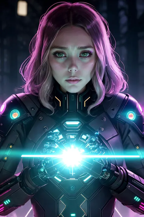 Dappled Light, incredibly intricate photo of (elizabeth olsen) cyberpunk aesthetic character with a mechanical arm, (cyberpunk style), (imperfect skin details), ai artwork by Quiron, neon light, fantasy, beautiful young (female necromancer) with demonic eyes, magic glow emitting from hands, gore, blood, surrounded by zombies, cold night, rain, forest,, cybernetic enhancements,