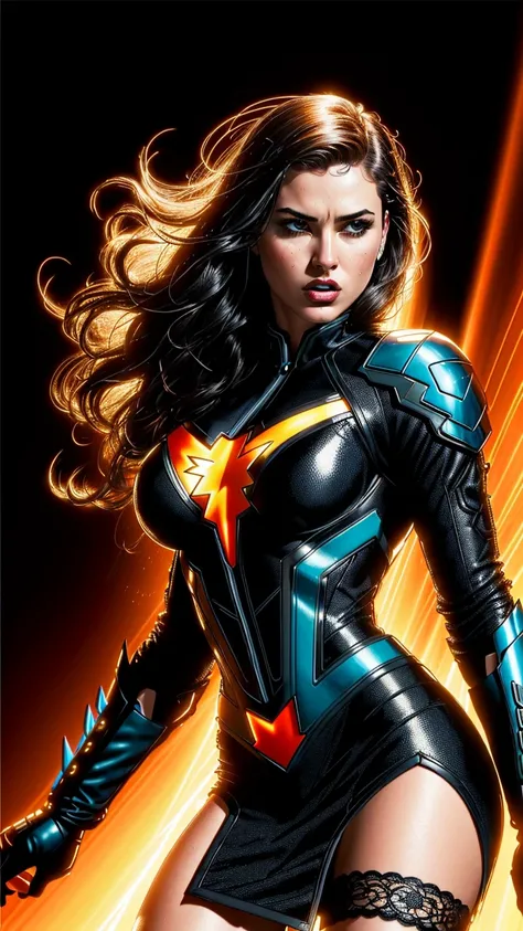 (masterpiece), (best quality), (hyper realistic:1.4),(photorealistic:1.3),(intricate details:1.35),
female wearing the black widow suit flying in the sunset sky, large breasts, with long black hair in a fashion photoshoot photographed from a low camera angle wearing a dress made from black feathers and lace, dramatic portrait, dangerous, red traced neon background with blue laser light rays, high contrast and dynamic pose, movement, wet, energy, dramatic lighting, colorized, intense and vibrant colors of electrified neon red, blue,
<lora:jimLeeDCComicsMarvel_offset:0.8> jim lee, professional photoshoot, action shot,