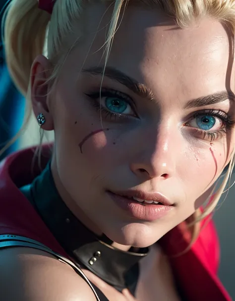 RAW, contrast, Dappled Light, (intricate:1.3), photo portrait of 37 years old (Margot robbie:1.1) as Harley Quinn, ( skin texture:1.3), (film grain), scene from suicide squad movie, trending on Artsy, (detailed eyes), (skin pores), (look at viewer), (high quality face), (high detailed face skin), (realistic iris), (realistic pupils), (realistic lighting:1.1),