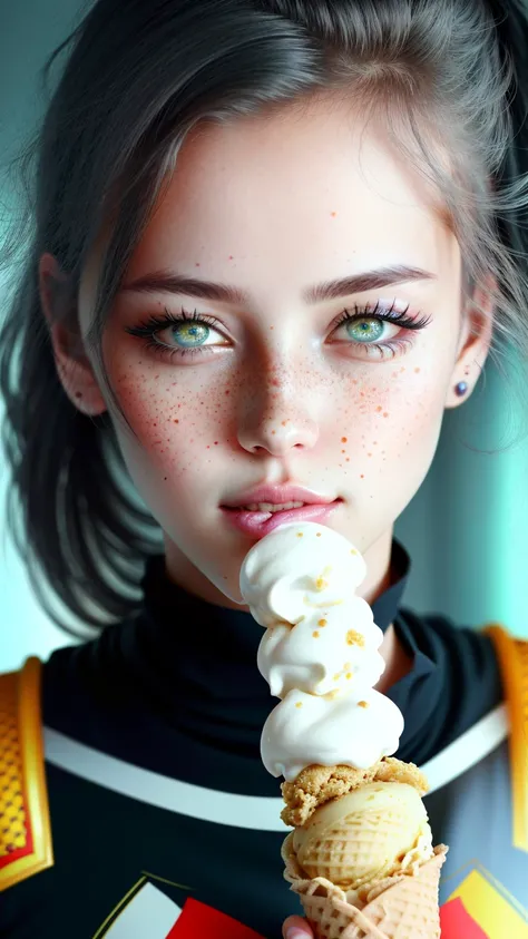 euro top model on a cover for dc comics book in the style of masamune shirow, dark black and yellow, wendy froud, comic art, storm thorgerson, light yellow and yellow, blink-and-you-miss-it detail, superheroine photo, (detailed eyes:1.3),(smile:1), (freckles:1.1), (skin pores:1.1), (wearing superheroine suit:1.2), (look at viewer:1.2), (high quality face:1.1), (high detailed face skin:1.1), (realistic iris:1.2), (realistic pupils:1.3), (realistic lighting:1.1), (beautiful moles and freckles:0.8), (film noise:1.1), (film grain:1.4), blowjobpose 1girl sucking a ( big ice cream cone:1.4),(best quality:1.33), (masterpiece:1.42), (realistic:1.24), (detailed:1.15),