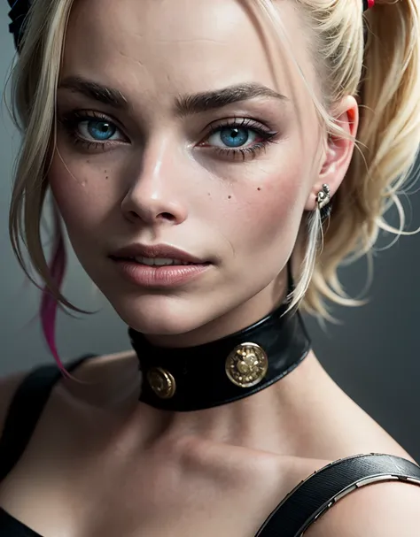 RAW, contrast, Dappled Light, (intricate:1.3), photo portrait of 37 years old (Margot robbie:1.1) as Harley Quinn, ( skin texture:1.3), (film grain), scene from suicide squad movie, trending on DeviantArt, (detailed eyes), (skin pores), (look at viewer), (high quality face), (high detailed face skin), (realistic iris), (realistic pupils), (realistic lighting:1.1),