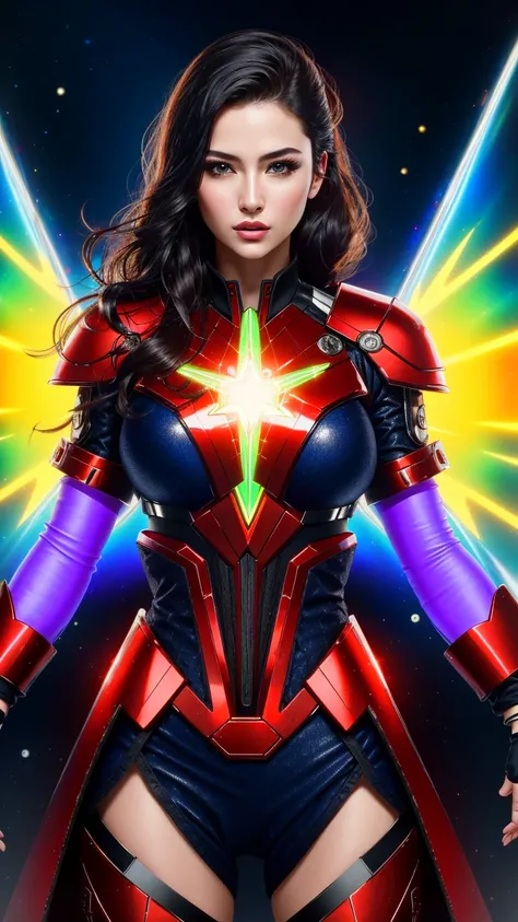 (best quality:1.33), (masterpiece:1.42), (realistic:1.24), (detailed:1.15),
female wearing the capitan marvel suit flying in the sunset sky, large breasts, with long black hair in a fashion photoshoot photographed from a low camera angle, dramatic portrait, dangerous, red traced neon background with blue laser light rays, high contrast and dynamic pose, movement, wet, energy, dramatic lighting, colorized, intense and vibrant colors of electrified neon red, blue, fantasy, magic,
professional photoshoot, action shot, cowboy shot, kaleidoscope <lora:kaleidoscope_background_v1.1.2:0.8>
