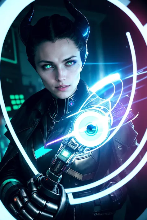 Dappled Light, incredibly intricate photo of    (maleficent)  cyberpunk  aesthetic  character with  a (robot arm), one eye prosthesis,   (cyberpunk style),  battle scene, dynamic pose,  (imperfect skin details), ai artwork by Quiron,  neon light,  (fisheye lens:1.25), (6 different man face:1.4) in peephole, 1girl, laughing, white cloak, analog style , messy hallway with cargo, dark, lowkey, RAW , real life photo,, cybernetic enhancements, a holographic blackboard,