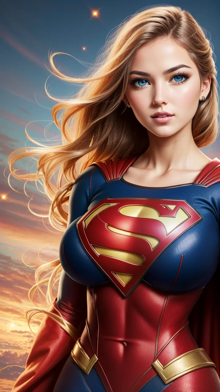 photo portrait of the Supergirl, colorful, realistic round eyes, dreamy magical atmosphere, superheroine costume, (large breasts:1.3),