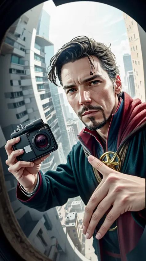 (detailed:1.15), 
Doctor Strange taking a selfie with a GoPro on top of a building on  palace , fish eye lens, high detail, ultra realistic, cinematic lighting, portrait painting, photorealistic, Color Grading, portrait Photography, hyper - detailed, beautifully color graded, Unreal Engine5, Cinematic 8K,
(beautiful moles and freckles:0.8), (film noise:1.1), (film grain:1.4),