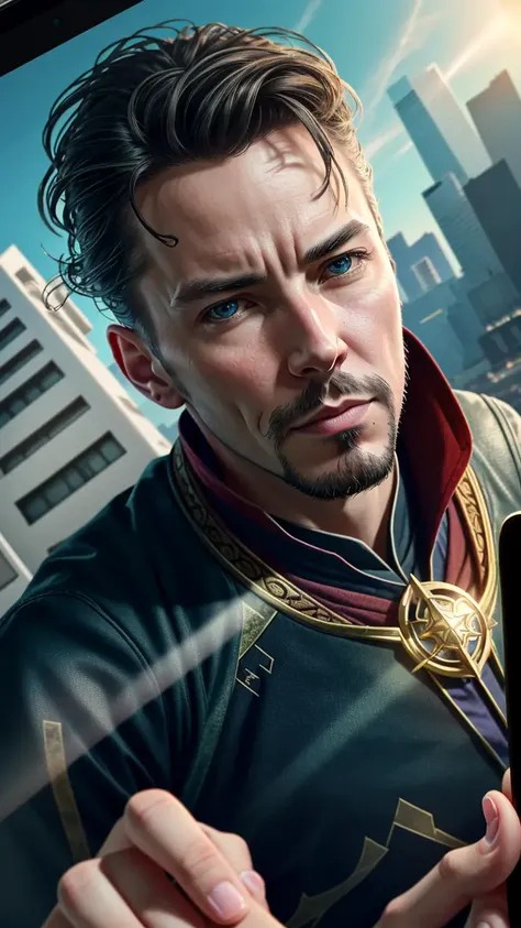 (detailed:1.15), 
Doctor Strange taking a selfie with a iphone on top of a building on palace , fish eye lens, high detail, ultra realistic, cinematic lighting, portrait painting, photorealistic, Color Grading, portrait Photography, hyper - detailed, beautifully color graded, Unreal Engine5, Cinematic 8K,