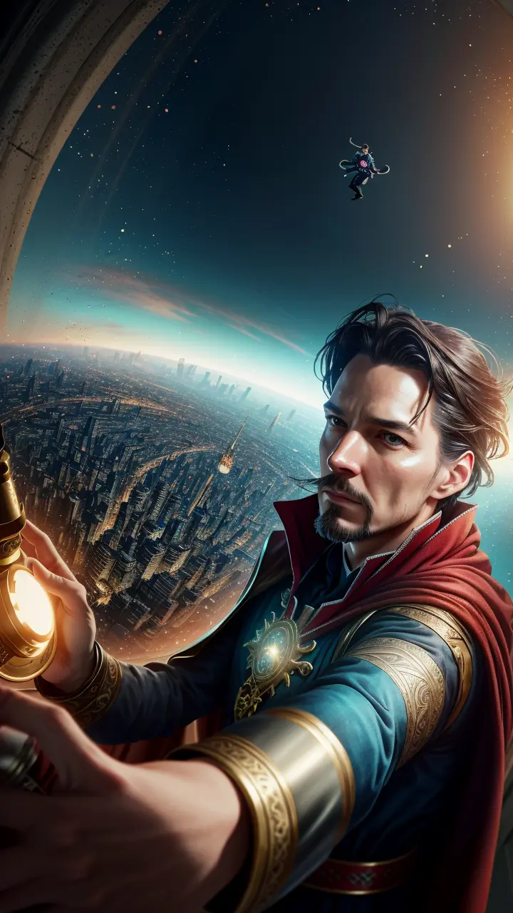 (detailed:1.15),
Doctor Strange taking a selfie with a iphone on top of a building on palace , fish eye lens, high detail, ultra realistic, cinematic lighting, portrait painting, photorealistic, Color Grading, portrait Photography, hyper - detailed, beautifully color graded, Unreal Engine5, Cinematic 8K,