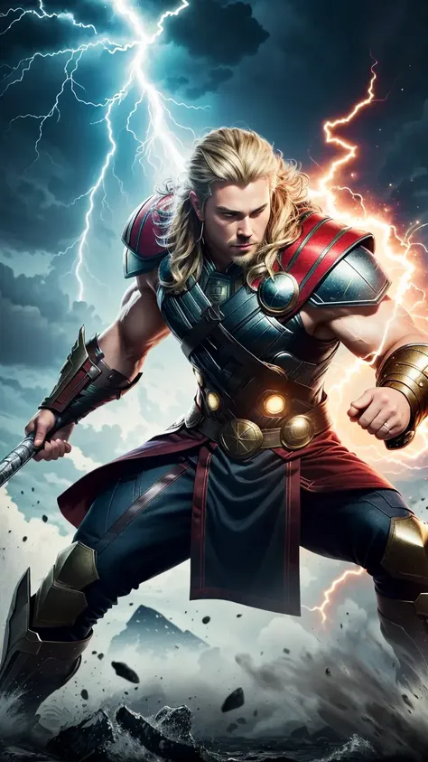 (best quality:1.33), (masterpiece:1.42), (realistic:1.24), (detailed:1.15), 
Generate an image of Thor with flashy, eye-catching special effects, like energy blasts or lightning bolts, in the style of Ross Tran,
professional photoshoot,  action shot,   cowboy shot,