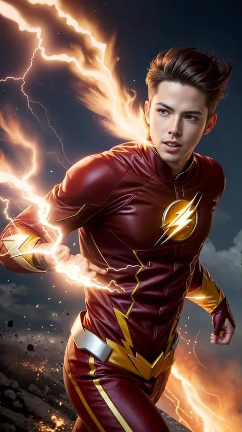 (best quality:1.33), (masterpiece:1.42), (realistic:1.24), (detailed:1.15), , high contrast and dynamic pose, movement,  energy, smoke, mist, wind, energy from body, speed, running, 
Generate an image of Grant Gustin as the Flash with flashy, (intricate suit:1.3),  eye-catching special effects, like energy blasts or lightning bolts, in the style of Ross Tran,
professional photoshoot,  action shot,  cowboy shot,