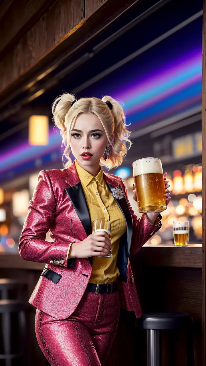 (best quality:1.33), (masterpiece:1.42),(photorealistic:1.3) (detailed:1.15), , high contrast and dynamic pose, movement, energy, mist, wind,
Generate an image of harley quinn wearing a colorfull suit with flashy, (intricate suit:1.3), eye-catching special effects, drinking a beer at the crowded bar, in the style of Ross Tran,
professional photoshoot, action shot, cowboy shot,