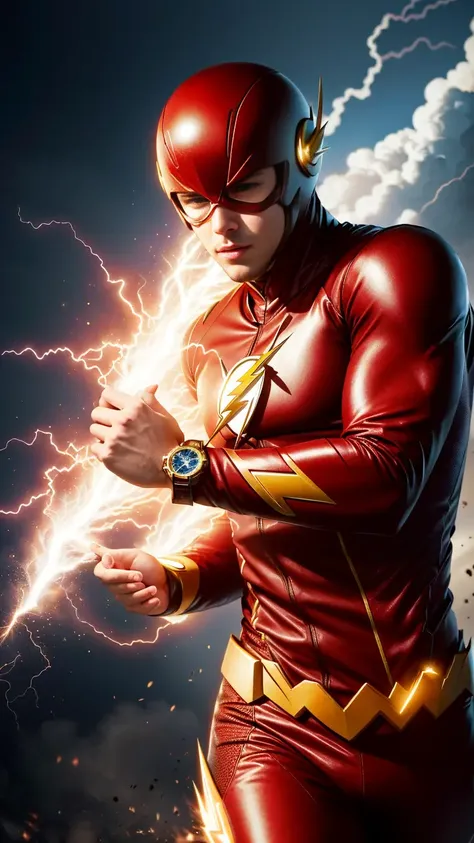 (best quality:1.33), (masterpiece:1.42), (realistic:1.24), (detailed:1.15), , high contrast and dynamic pose, movement, energy, smoke, mist, wind, energy from body, speed, running,
Generate an image of Grant Gustin as the Flash with flashy, (intricate suit:1.3), eye-catching special effects, like energy blasts or lightning bolts, in the style of Ross Tran,
professional photoshoot, action shot, cowboy shot,