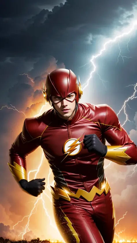 (best quality:1.33), (masterpiece:1.42), (realistic:1.24), (detailed:1.15), , high contrast and dynamic pose, movement,  energy, smoke, mist, wind, energy from body, speed, running, 
Generate an image of Grant Gustin as the Flash with flashy, (intricate suit:1.3),  eye-catching special effects, like energy blasts or lightning bolts, in the style of Ross Tran,
professional photoshoot,  action shot,  cowboy shot,