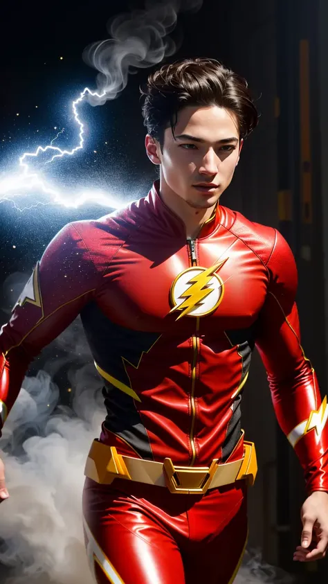 (best quality:1.33), (masterpiece:1.42), (realistic:1.24), (detailed:1.15), , high contrast and dynamic pose, movement,  energy, smoke, mist, wind, energy from body, speed, running, 
Generate an image of Ezra Miller as the Flash with flashy, (intricate suit:1.2),  eye-catching special effects, like energy blasts or lightning bolts, in the style of Ross Tran,
professional photoshoot,  action shot,  cowboy shot,