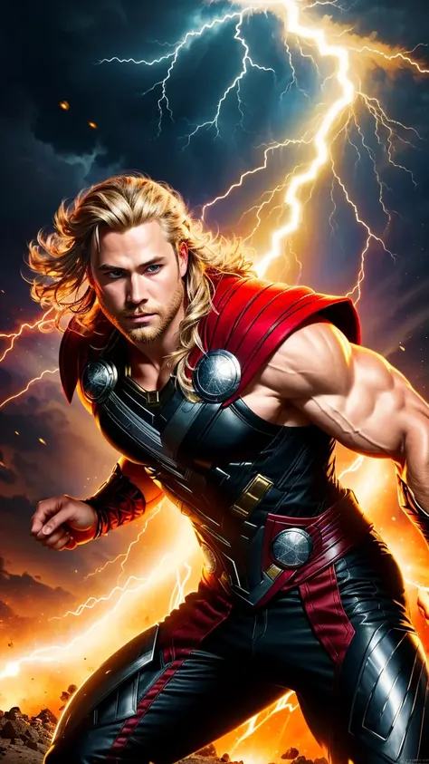 (best quality:1.33), (masterpiece:1.42), (realistic:1.24), (detailed:1.15), 
Generate an image of Thor with flashy, eye-catching special effects, like energy blasts or lightning bolts, in the style of Ross Tran,
professional photoshoot,  action shot,   cowboy shot, kaleidoscope <lora:kaleidoscope_background_v1.1.2:0.8>