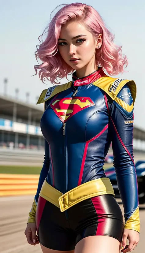 (best quality:1.33), (masterpiece:1.42),(photorealistic:1.3) (detailed:1.15),
the  supergirl on racetrack, Neon pink hair, and Shag haircut, Long-limbed body,  Walking pose, leather race suit unzipped to the waist, ( leaning against race car:1.2) for photoshoot,