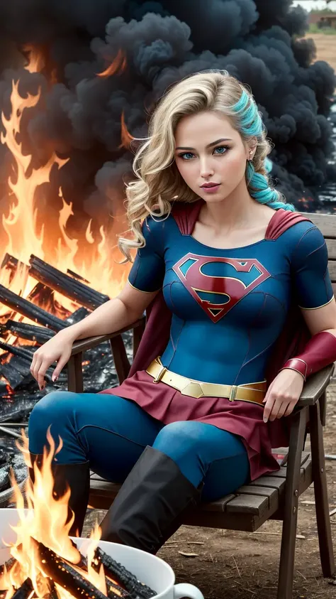 (best quality:1.33), (masterpiece:1.42), (realistic:1.24), (detailed:1.15), the supergirl , Turquoise hair, and Fishtail braid, sitting on the burning chair and everywhere on the fire, smug face, holding a coffe mug, purple eyes, house burn down, ground and chair on fire, lots of gadgets and equipment, equipment is on fire, smoke, flames all around,