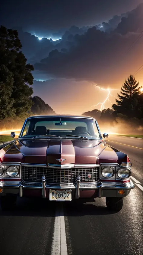 fantz monster,by mooncryptowow,fantz monster,by mooncryptowow,(matte black 1970 Cadillac Sedan Deville de elegance) low rider, black windows, no chrome, golden glow underneath, driving down dark road, full moon, background lightning and fog, old church