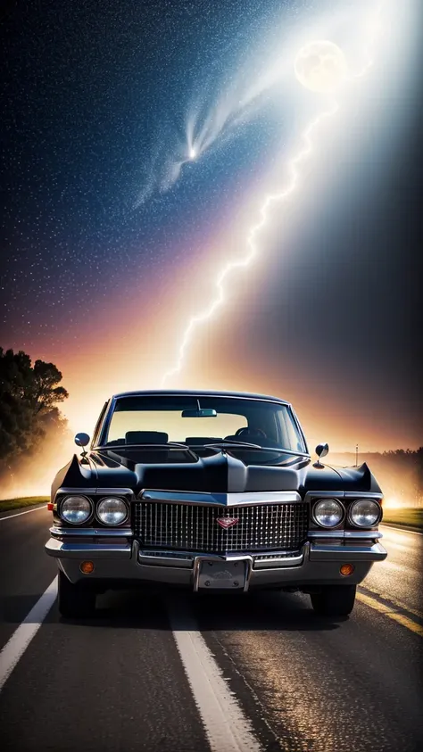 fantz monster,by mooncryptowow,fantz monster,by mooncryptowow,(matte black 1970 Cadillac Sedan Deville de elegance) low rider, black windows, no chrome, golden glow underneath, driving down dark road, full moon, background lightning and fog, old church