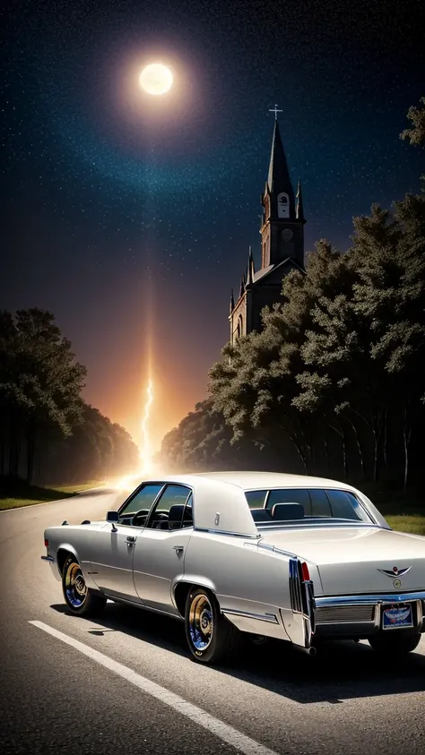 (best quality:1.3), (masterpiece:1.2), (realistic:1.2), (detailed:1.1), gantz monster,by mooncryptowow,(matte black 1970 Cadillac Sedan Deville de elegance) low rider, black windows, no chrome, golden glow underneath, driving down dark road, full moon, background lightning and fog, old church