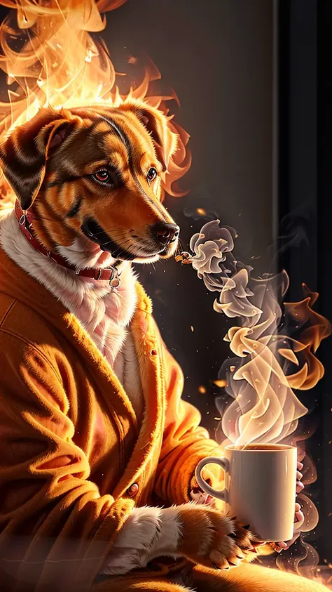 (best quality:1.23), (masterpiece:1.12), (realistic:1.24), (anthropomorphic  dog:1.5) holding a coffee cup, sitting, in a robe, eating breakfast and holding a coffee cup, hat, particles, volumetric lighting,  room burn down, ground and chair on fire, lots of gadgets and equipment on fire,  smoke, (flames all around:1.2), <lora:on_fire10:0.4>