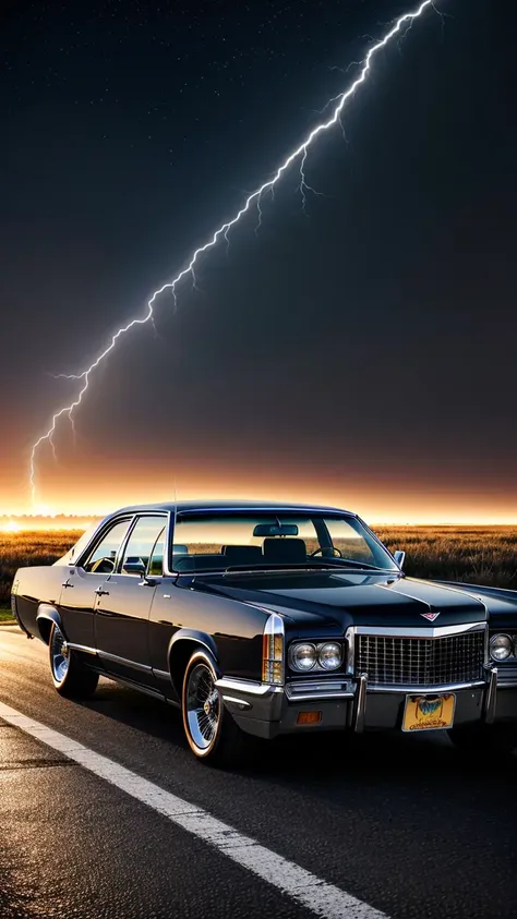 (best quality:1.3), (masterpiece:1.2), (realistic:1.2), (detailed:1.1), gantz monster,by mooncryptowow,(matte black 1970 Cadillac Sedan Deville de elegance) low rider, black windows, no chrome, golden glow underneath, driving down dark road, full moon, background lightning and fog, old church