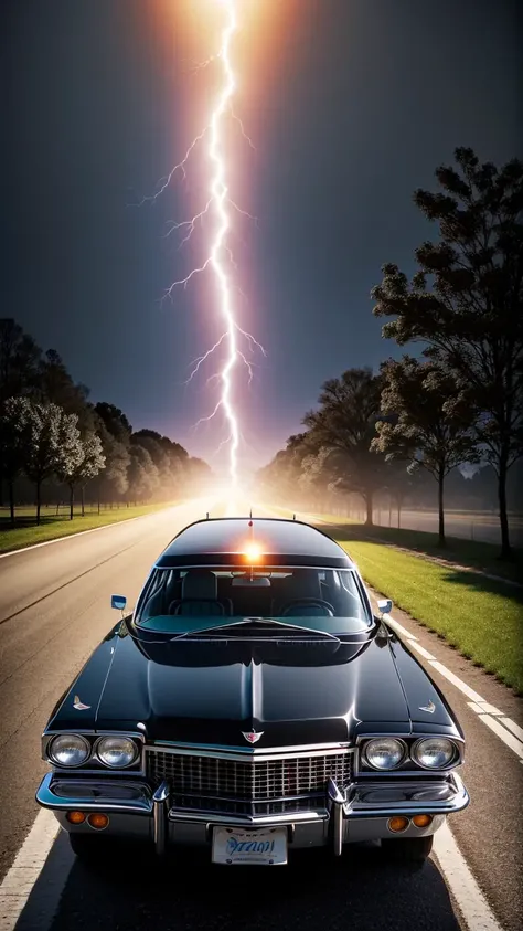 gantz monster,by mooncryptowow,gantz monster,by mooncryptowow,(matte black 1970 Cadillac Sedan Deville de elegance) low rider, black windows, no chrome, golden glow underneath, driving down dark road, full moon, background lightning and fog, old church