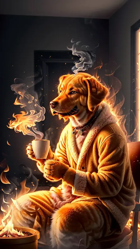 (best quality:1.23), (masterpiece:1.12), (realistic:1.24), (anthropomorphic  dog:1.5) holding a coffee cup, sitting, in a robe, eating breakfast and holding a coffee cup, hat, particles, volumetric lighting,  room burn down, ground and chair on fire, lots of gadgets and equipment on fire,  smoke, (flames all around:1.2), <lora:on_fire10:0.4>